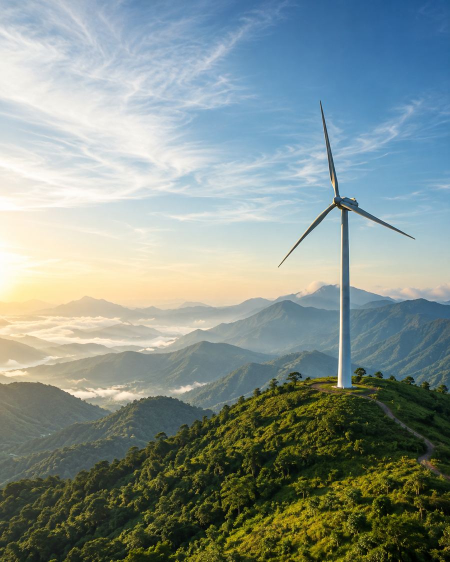 Wind turbine on a green hillside near Agali, Kerala